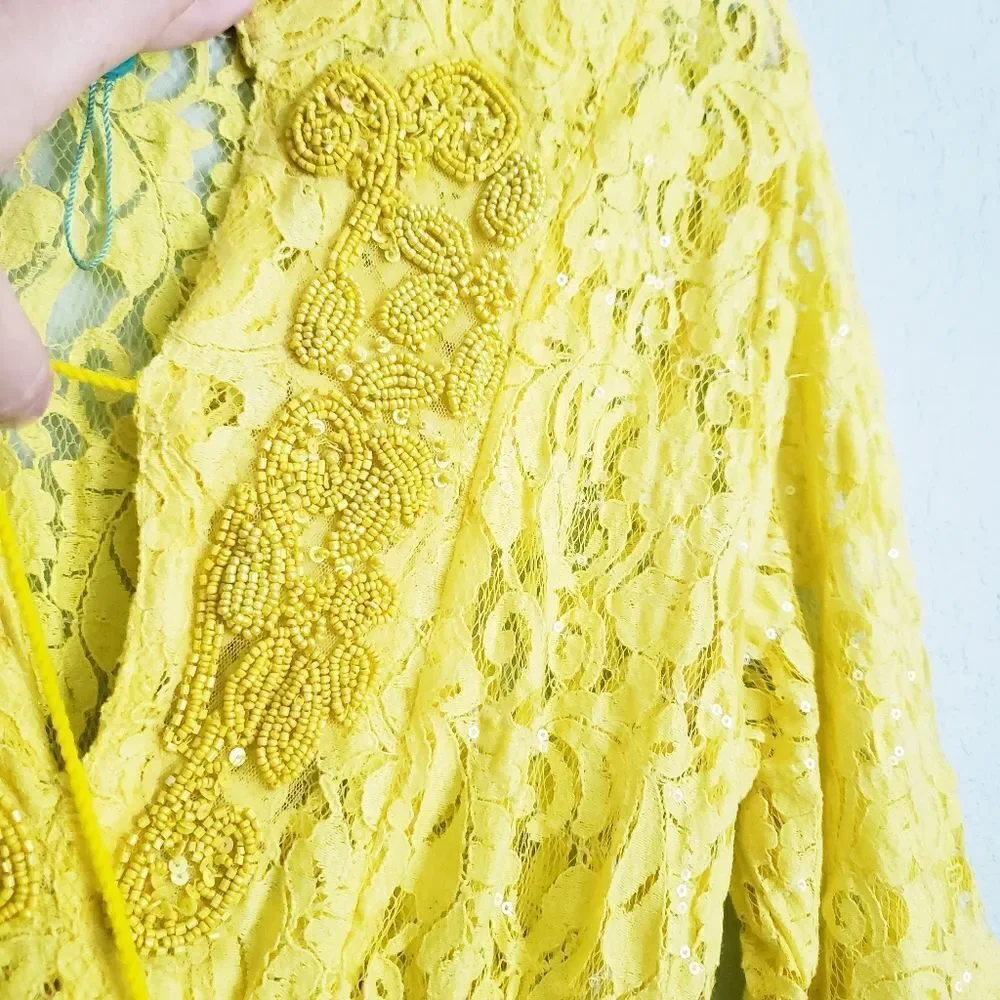 Antica Sartoria by Giacomo Cinque Yellow Lace Beaded Pom Pom Mini Dress